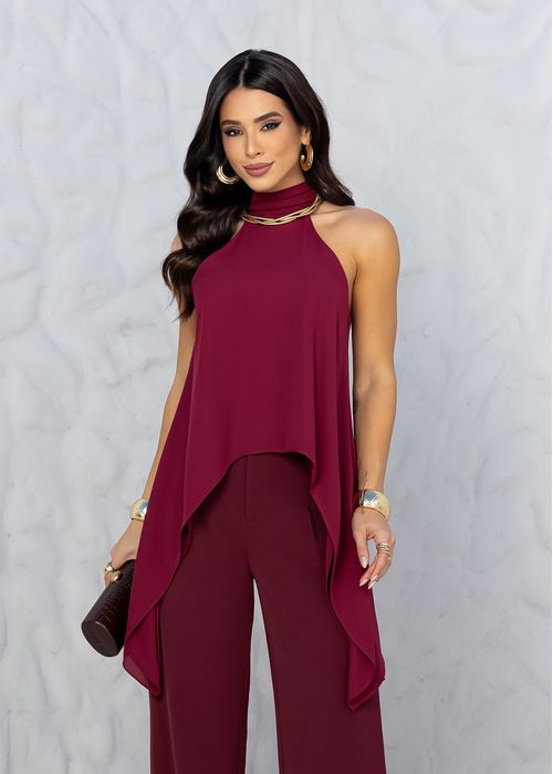 Blusa Assimétrica Decote Halter Bordô