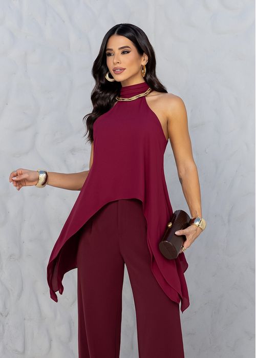 Blusa Assimétrica Decote Halter Bordô