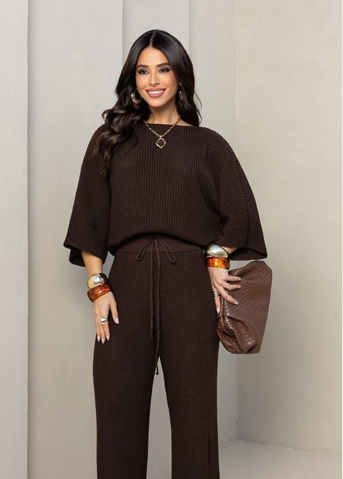 Cropped Tricot Manga 3/4 Canelado Marrom