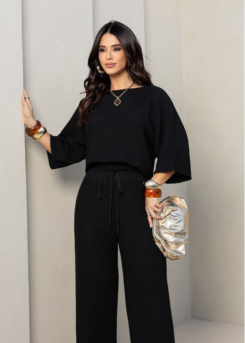 Cropped Tricot Manga 3/4 Canelado Preto