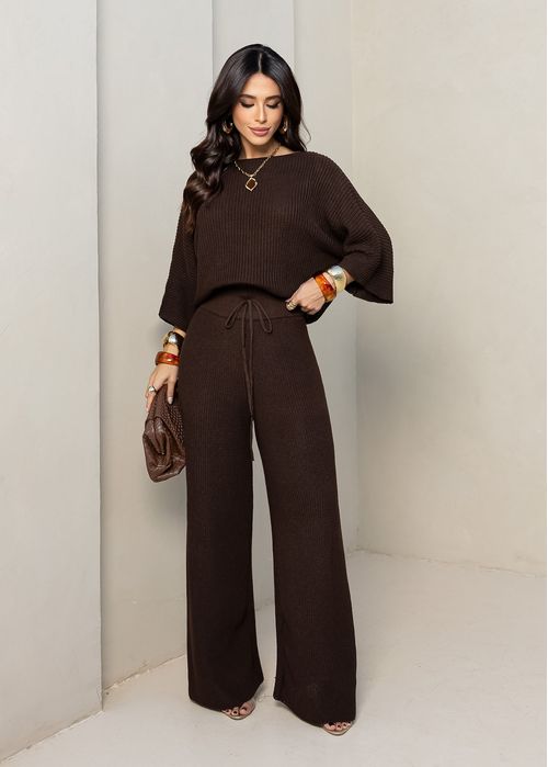 Calça Pantalona Tricot Canelado Marrom