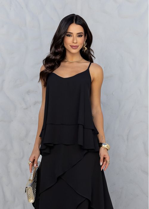 Blusa c/ Cinto Fluida e Babados Preto