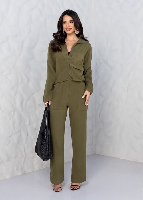 Conjunto Camisa Cropped de Botões/ Calça Pantalona