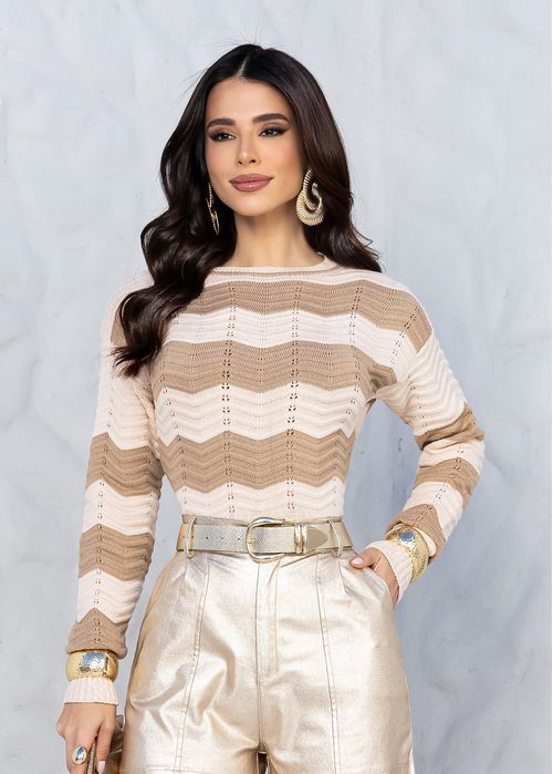 Suéter Tricot Listrada Ondas Areia