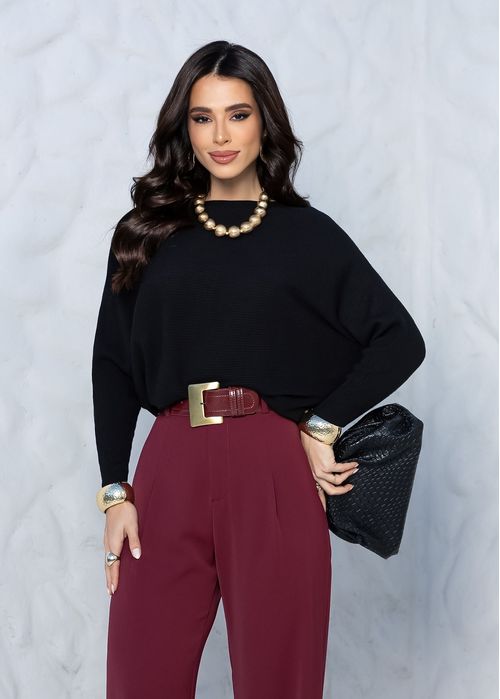 Blusa Morcego Tricot Canelado Preto