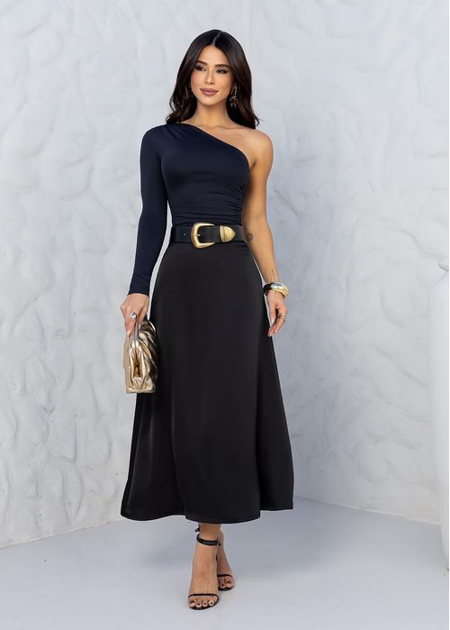 Saia Midi Evasê Acetinado Premium Preto