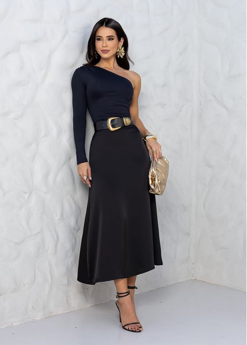 Saia Midi Evasê Acetinado Premium Preto