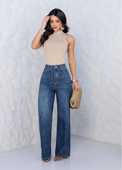 Calça Jeans Wide Leg Strass Degradê Jeans Médio