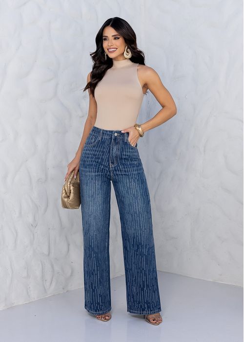 Calça Jeans Wide Leg Strass Degradê Jeans Médio