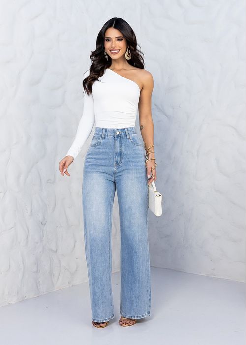 Calça Jeans Wide Leg Strass Degradê Jeans Claro