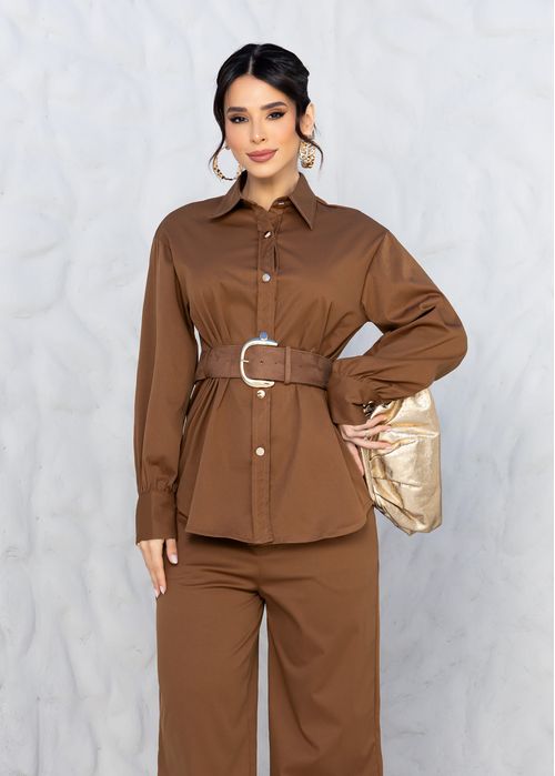 Camisa Minimalista Alongada c/ Cinto Marrom