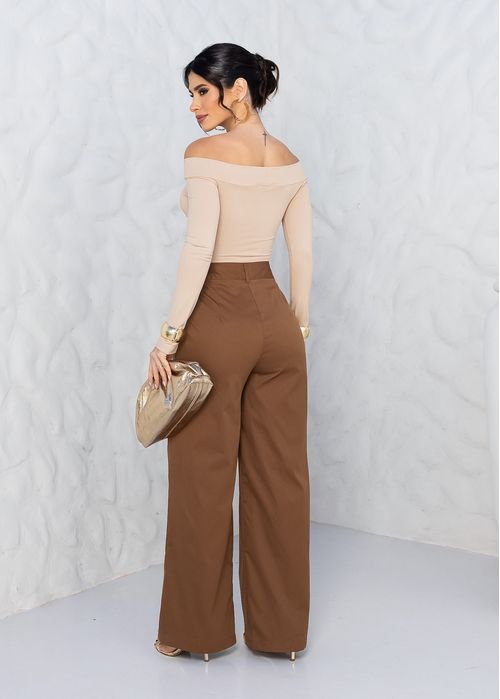 Calça Pantalona Alfaiataria Minimalista Marrom