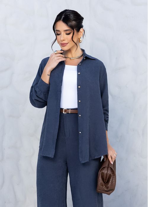 Camisa Manga Longa Classic Botões Gold Azul Denim