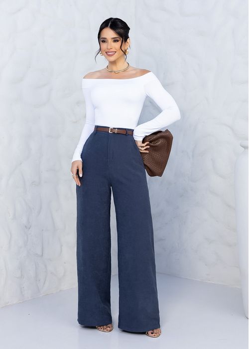 Calça Pantalona Cintura Alta Classic Azul Denim