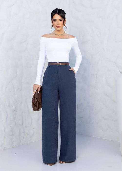 Calça Pantalona Cintura Alta Classic Azul Denim