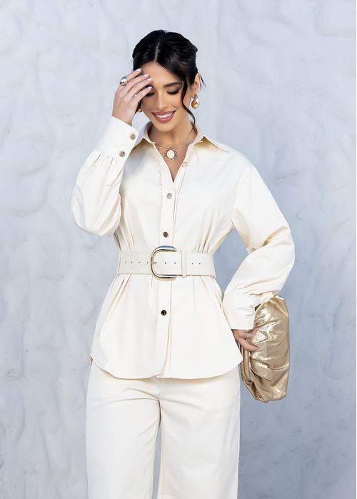 Camisa Minimalista Alongada c/ Cinto Cream