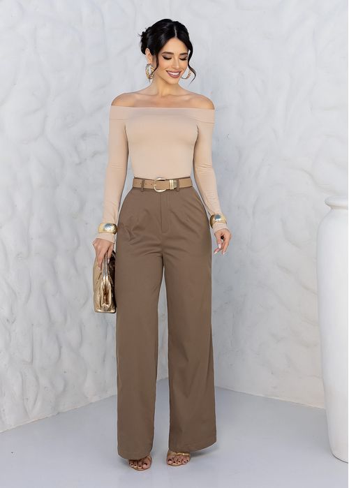 Calça Pantalona Alfaiataria Minimalista Caqui