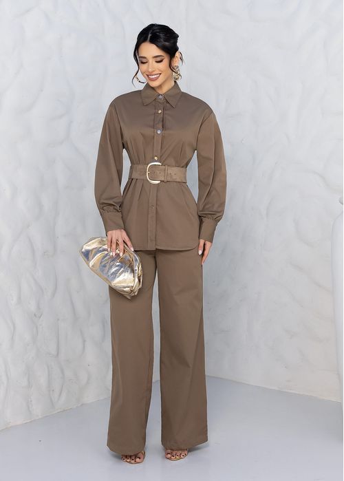 Calça Pantalona Alfaiataria Minimalista Caqui