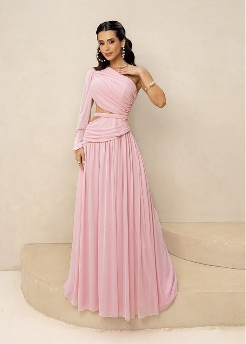 Vestido Longo de Festa Tule Nula Manga Recortes Rosa Claro