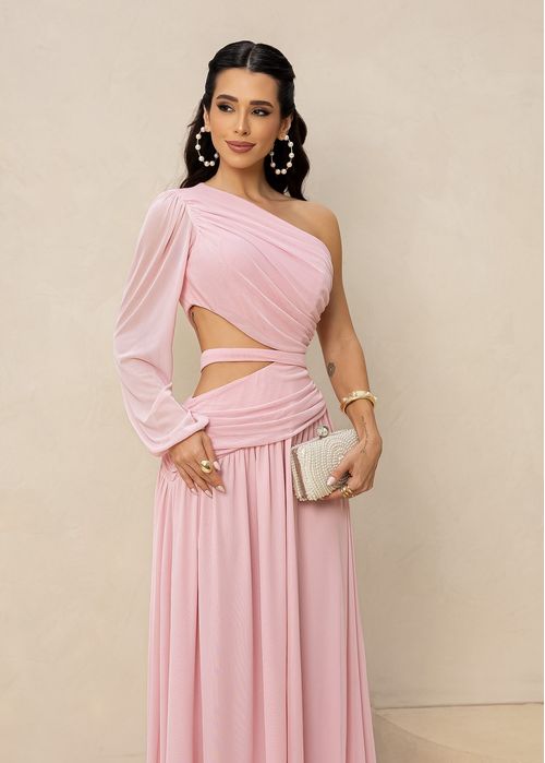 Vestido Longo de Festa Tule Nula Manga Recortes Rosa Claro