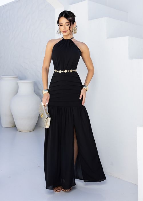 Vestido Longo Chiffon c/ Drapeado e Fenda Preto