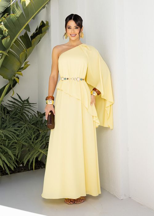 Vestido de Festa Ombro Único Capa Fluida Elegance Amarelo