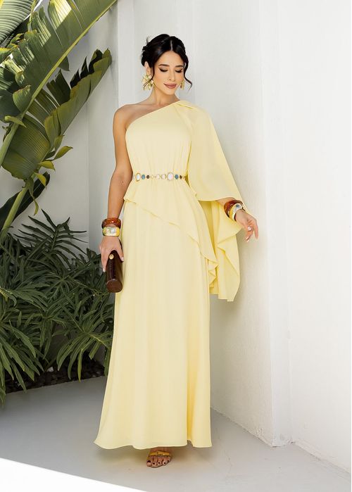 Vestido de Festa Ombro Único Capa Fluida Elegance Amarelo