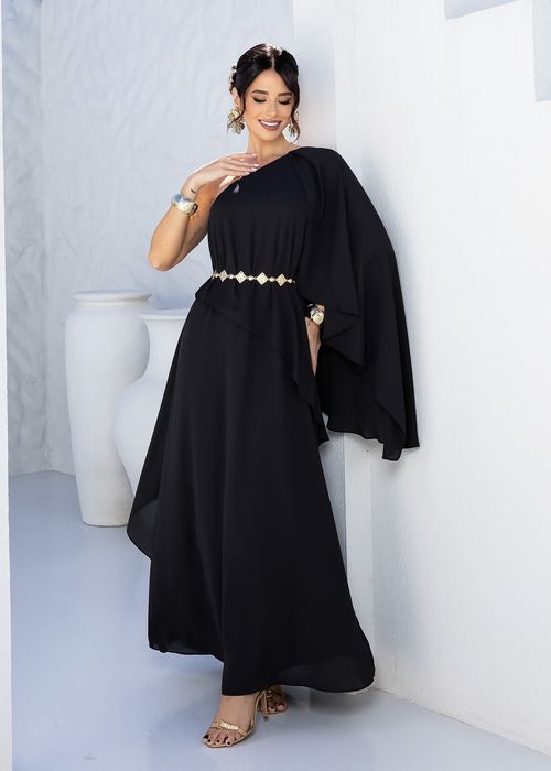 Vestido de Festa Ombro Único Capa Fluida Elegance Preto