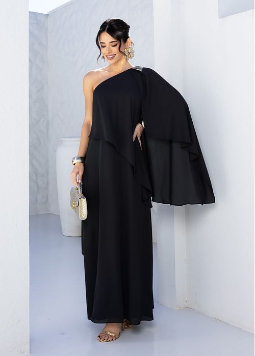 Vestido de Festa Ombro Único Capa Fluida Elegance Preto