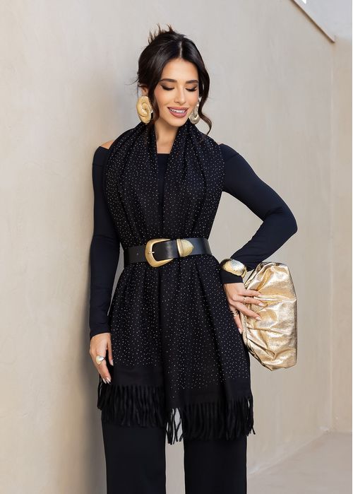 Cachecol Soft c/ Aplicações de Strass Preto