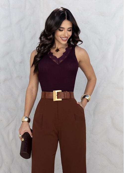 Blusa Regata Canelada c/ Renda Vinho