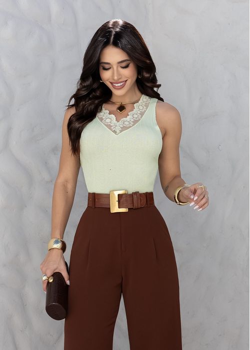 Blusa Regata Canelada c/ Renda Verde