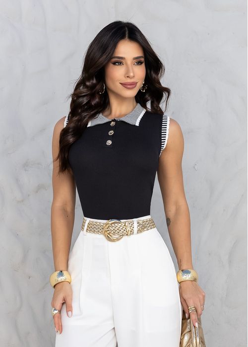 Blusa Polo Tricot Listrada c/ Botões Preto