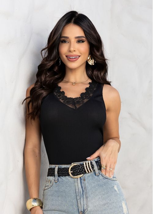Blusa Regata Canelada c/ Renda Preto