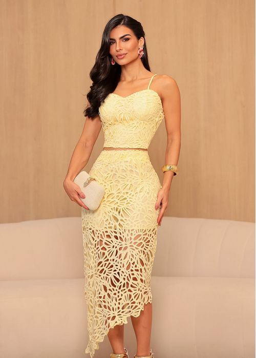 Conjunto Cropped/ Saia Renda Floral Amarelo