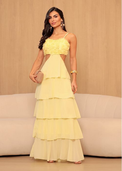 Vestido Longo Camadas c/ Top Floral Amarelo