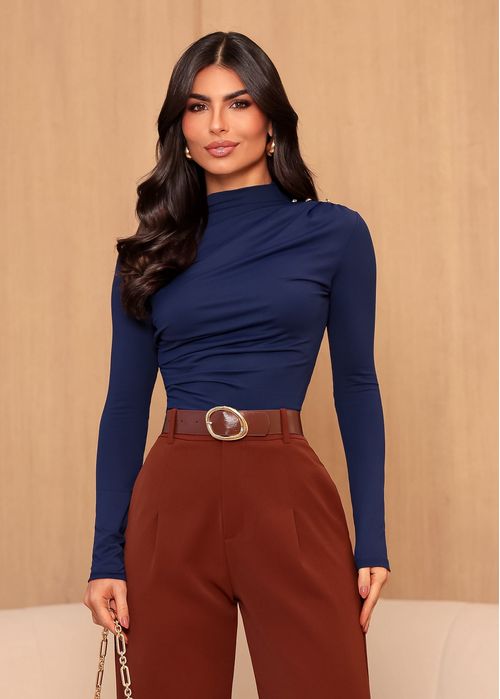 Blusa Manga Longa c/ Botões Poliamida Premium Azul Marinho