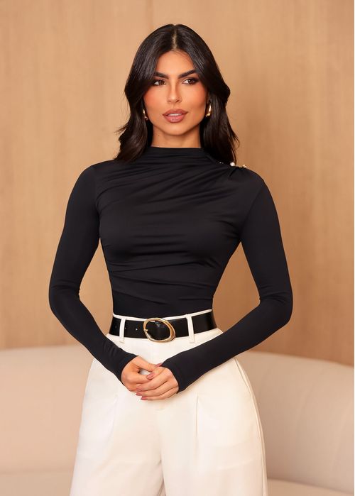 Blusa Manga Longa c/ Botões Poliamida Premium Preto