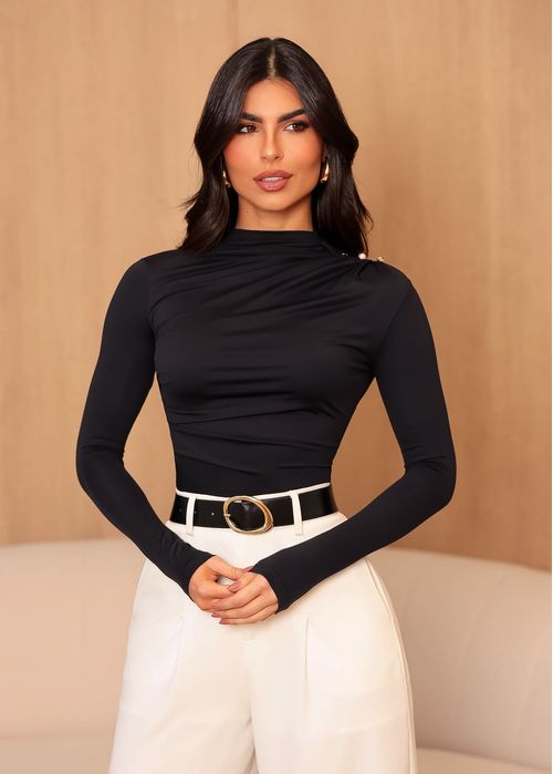 Blusa Manga Longa c/ Botões Poliamida Premium Preto