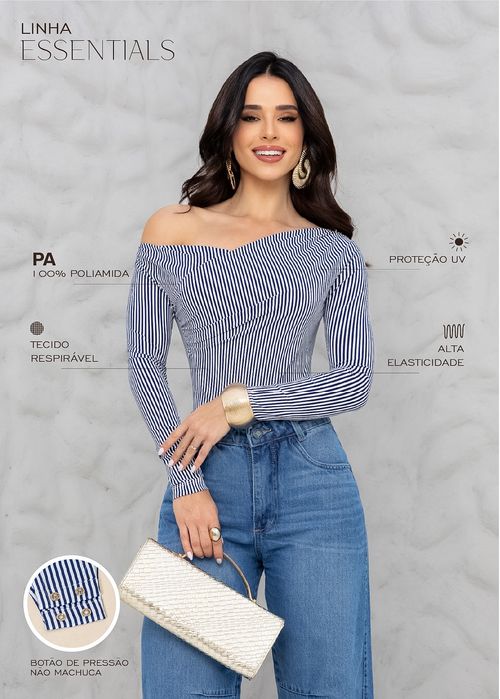 Body Ombro a Ombro Listrado Azul Marinho