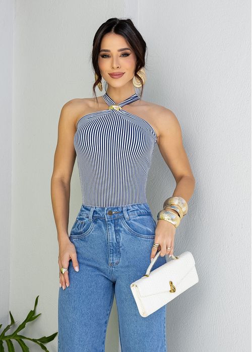 Blusa Decote Halter Listrada c/ Passante Azul Marinho
